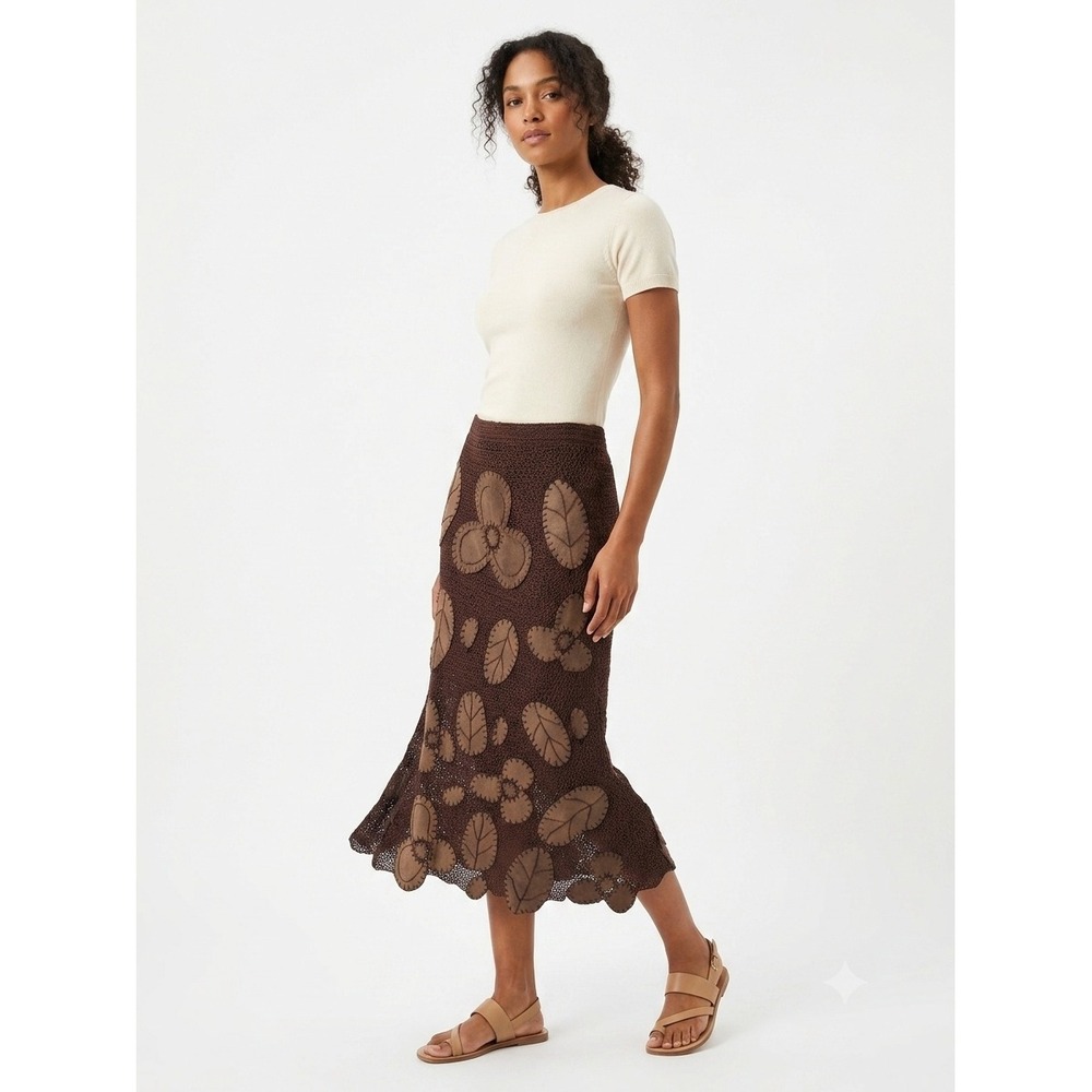 Very Vera Crochet Maxi Skirt M Brown Floral Leaf Applique Boho Y2K Vintage Fairy